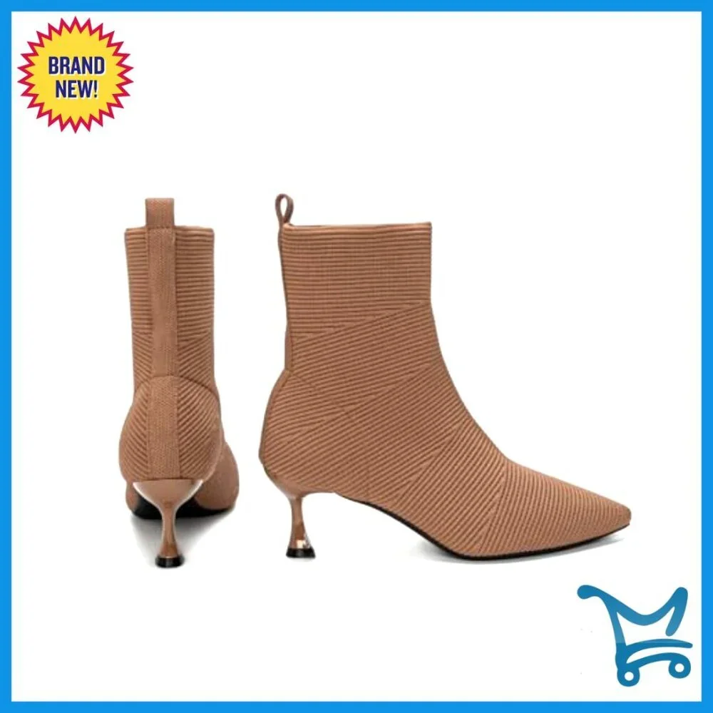 Pointed Toe Ankle Boots Low Heel Slip On Knit Fabric Comfortable
